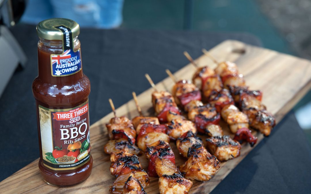 BBQ Chicken skewers with charred pickled onions
